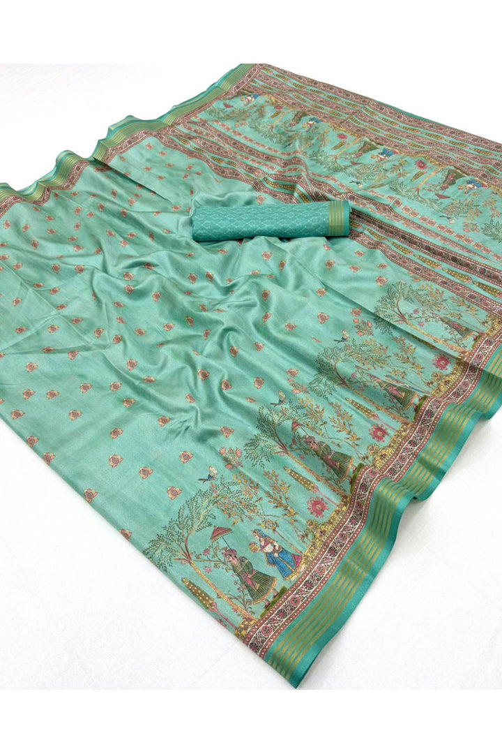 Art Silk Captivating Digital Printed Sea Green Saree
