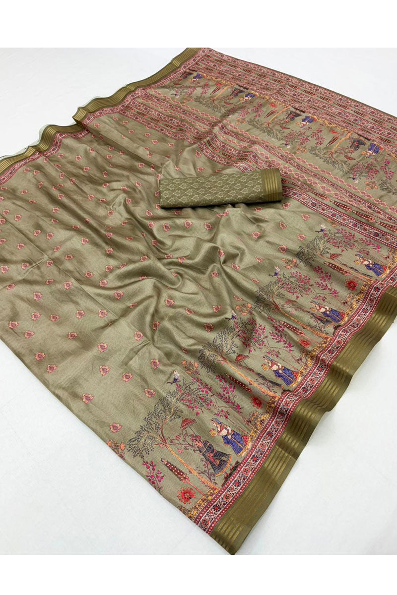 Olive Color Art Silk Glamorous Digital Printed Saree