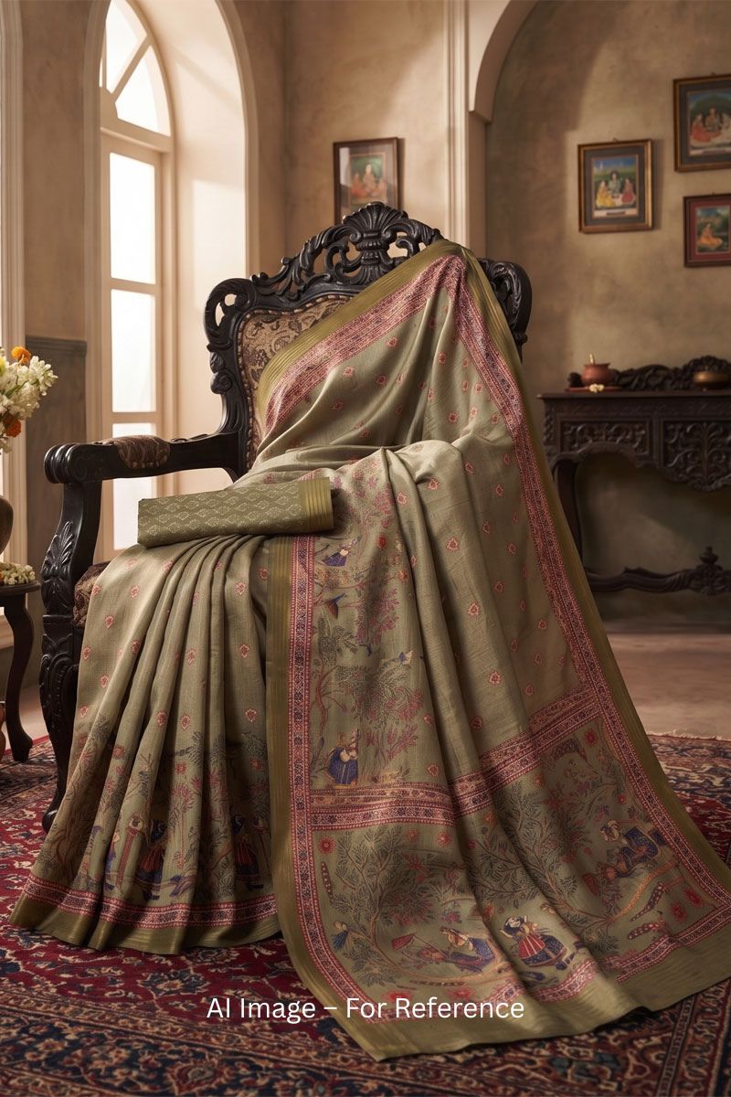 Olive Color Art Silk Glamorous Digital Printed Saree