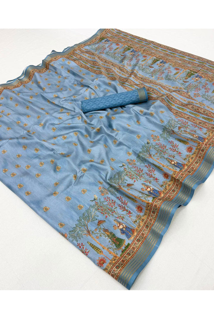 Art Silk Sky Blue Color Gorgeous Digital Printed Saree