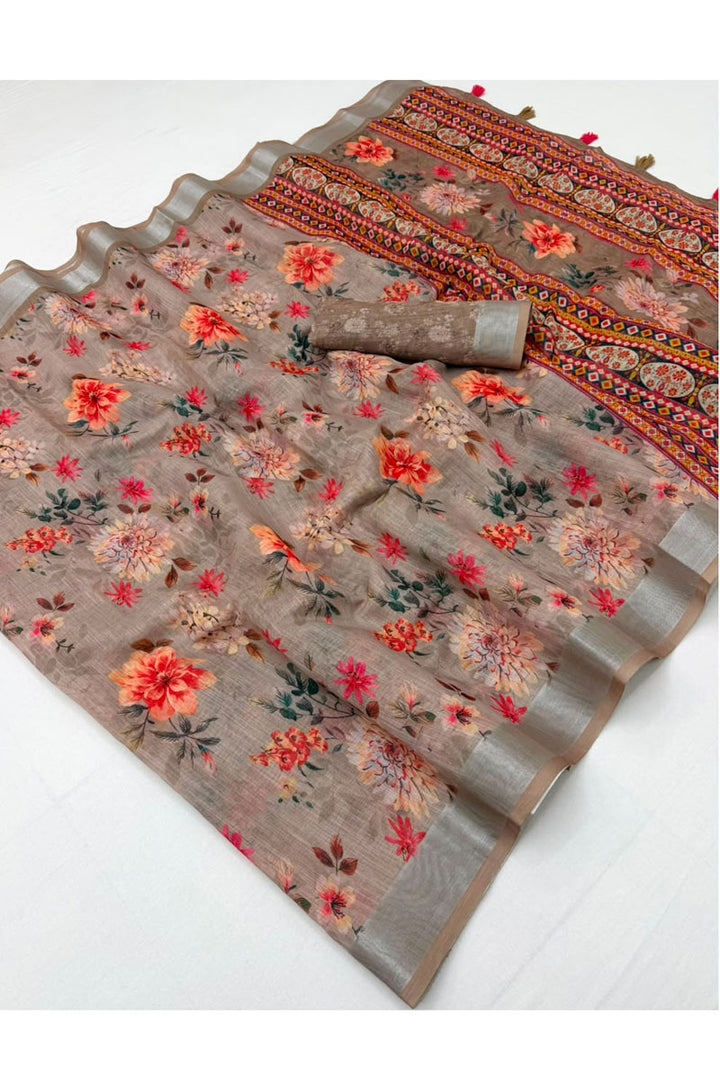 Brown Color Floral Printed Linen Saree