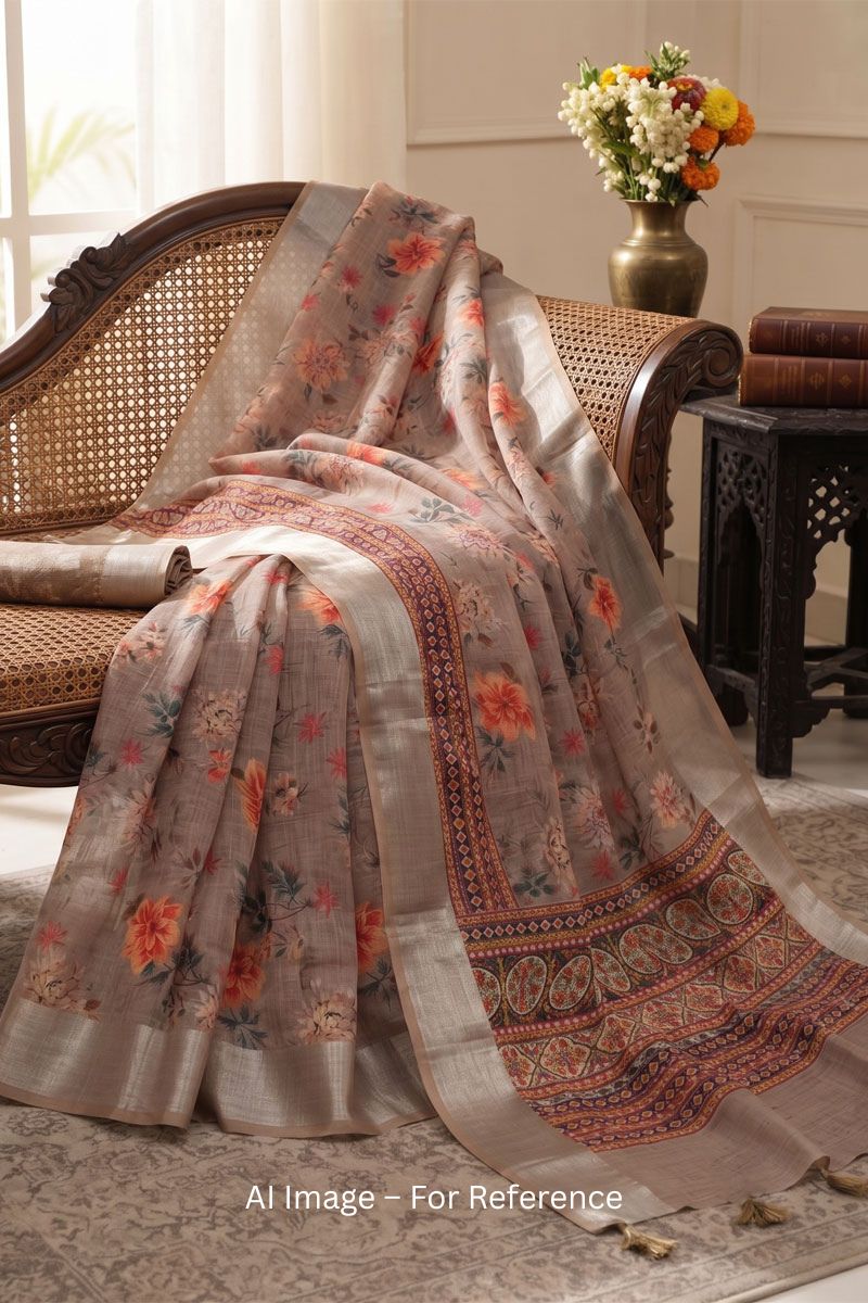 Brown Color Floral Printed Linen Saree
