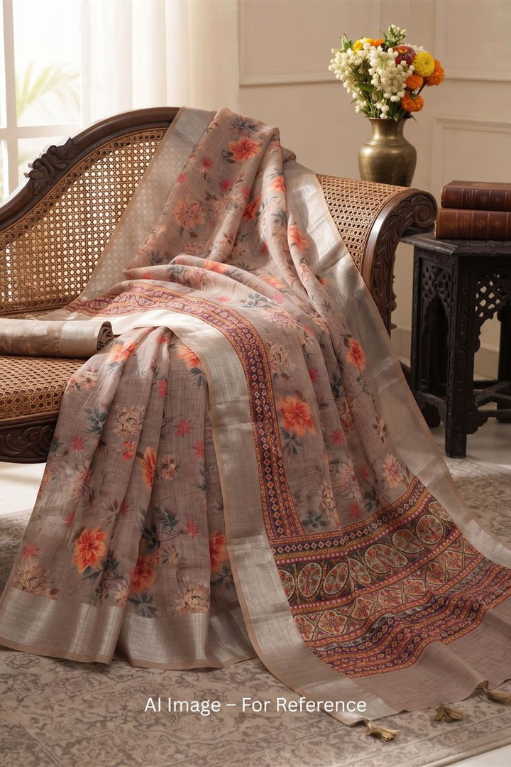 Brown Color Floral Printed Linen Saree