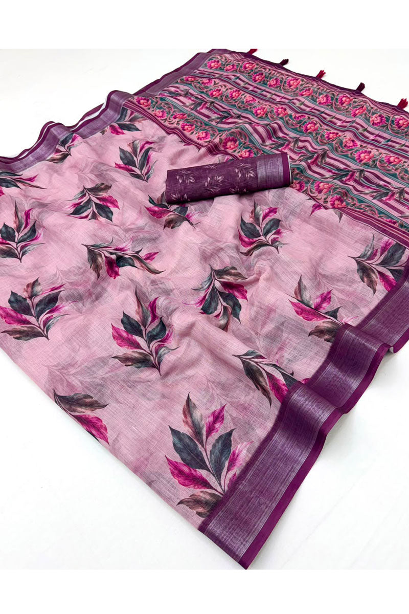 Lavender Digital Printed Linen Festive Saree
