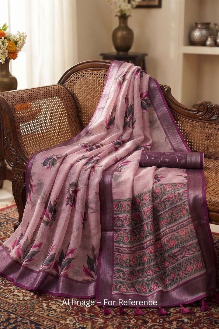 Lavender Digital Printed Linen Festive Saree
