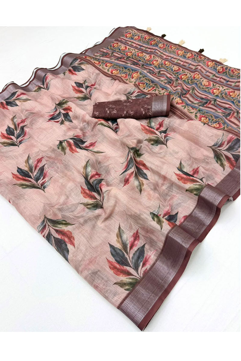 Peach Color Linen Digital Printed Saree For Festive