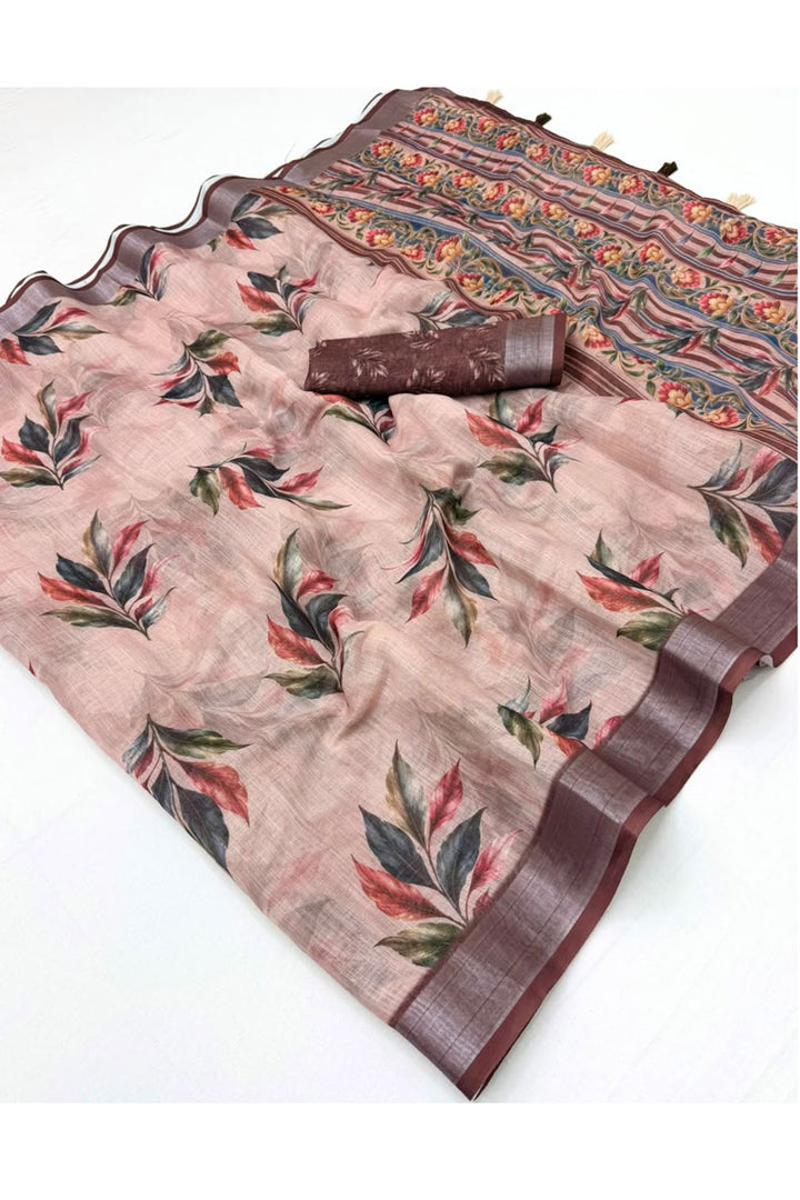 Peach Color Linen Digital Printed Saree For Festive