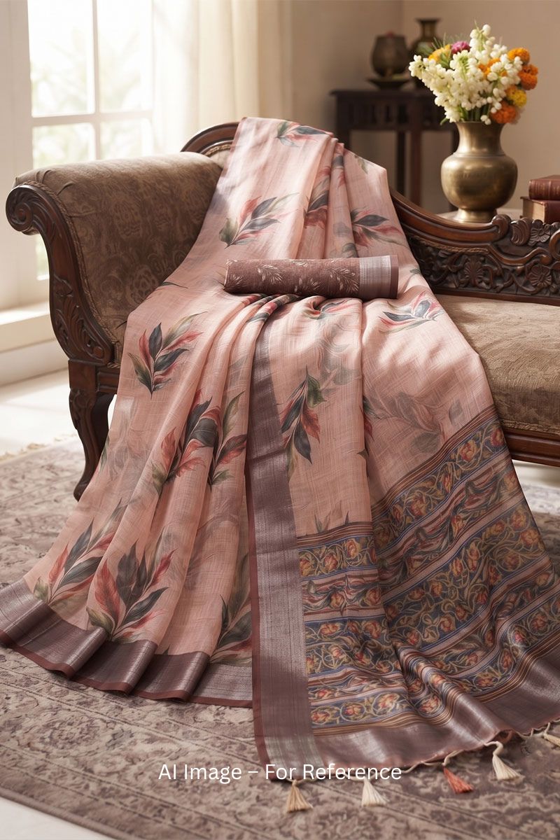 Peach Color Linen Digital Printed Saree For Festive