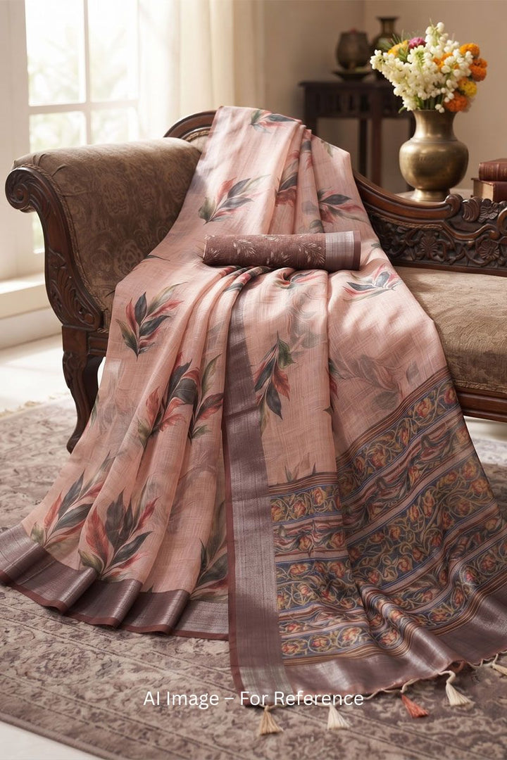 Peach Color Linen Digital Printed Saree For Festive
