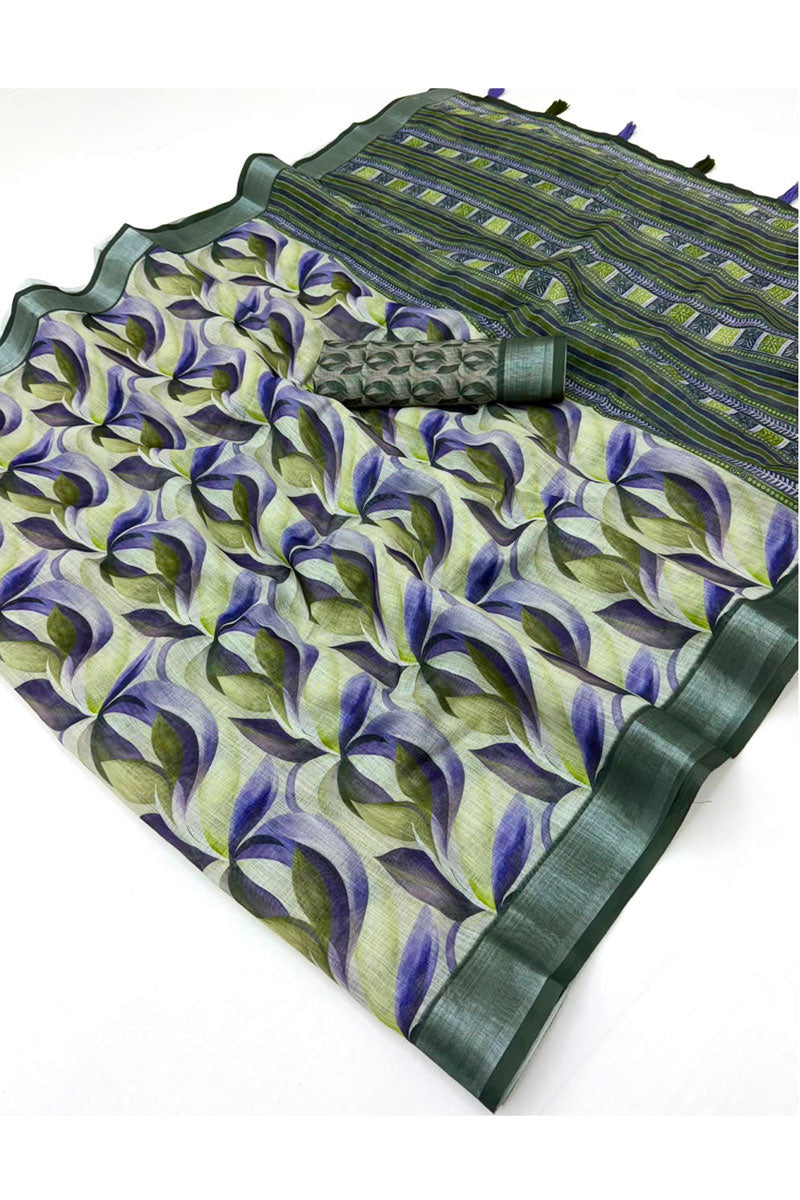 Linen Abstract Printed Saree In Multi Color