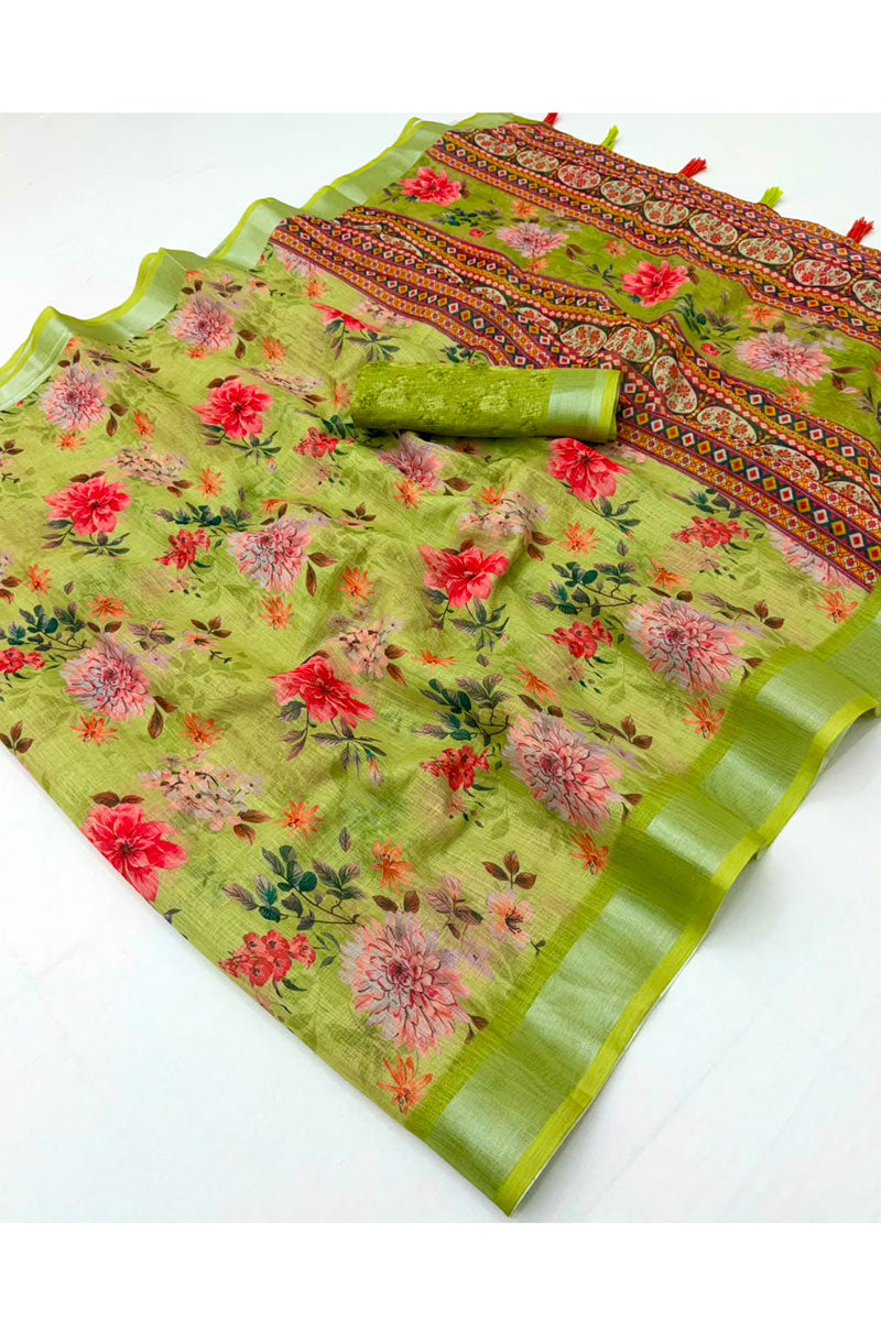 Floral Printed Linen Green Color Saree
