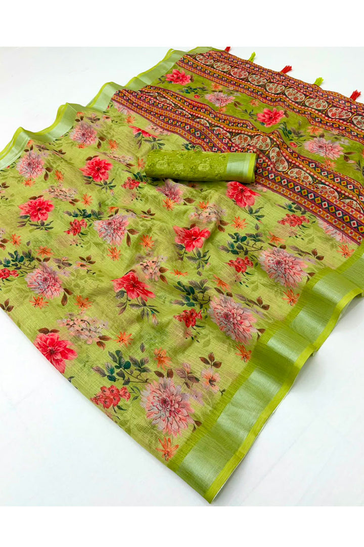 Floral Printed Linen Green Color Saree
