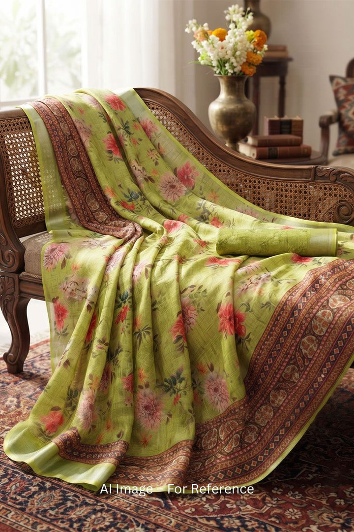 Floral Printed Linen Green Color Saree