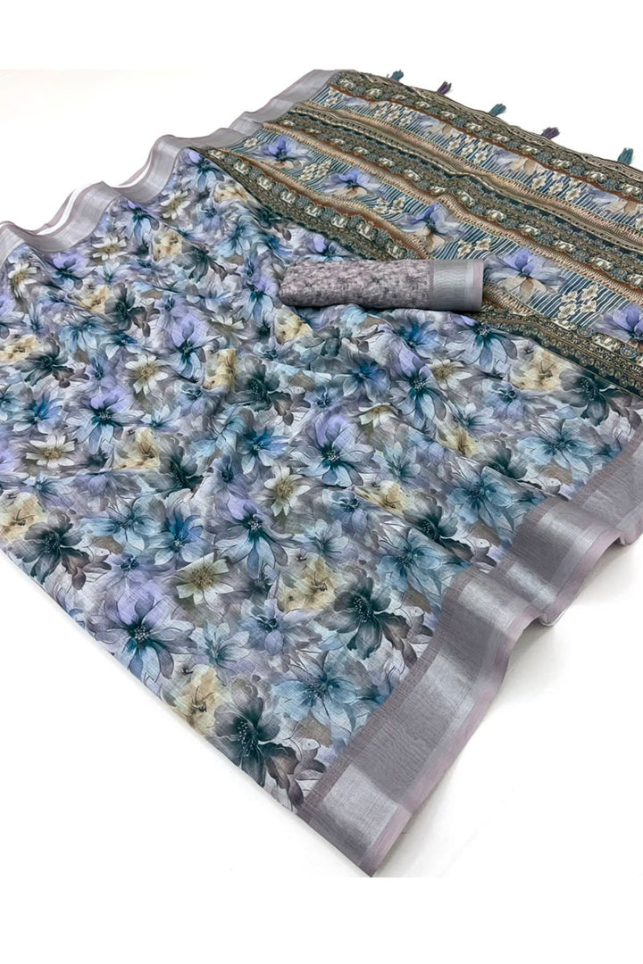 Grey Color Linen Floral Digital Printed Saree