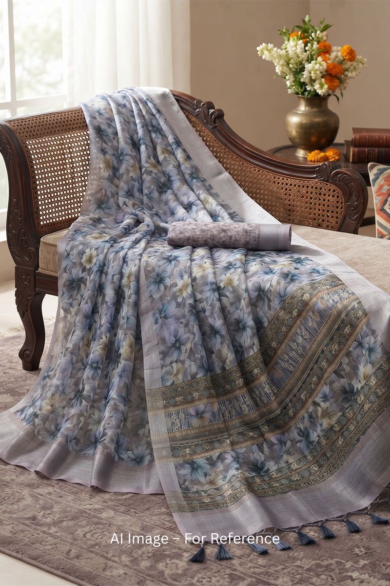 Grey Color Linen Floral Digital Printed Saree