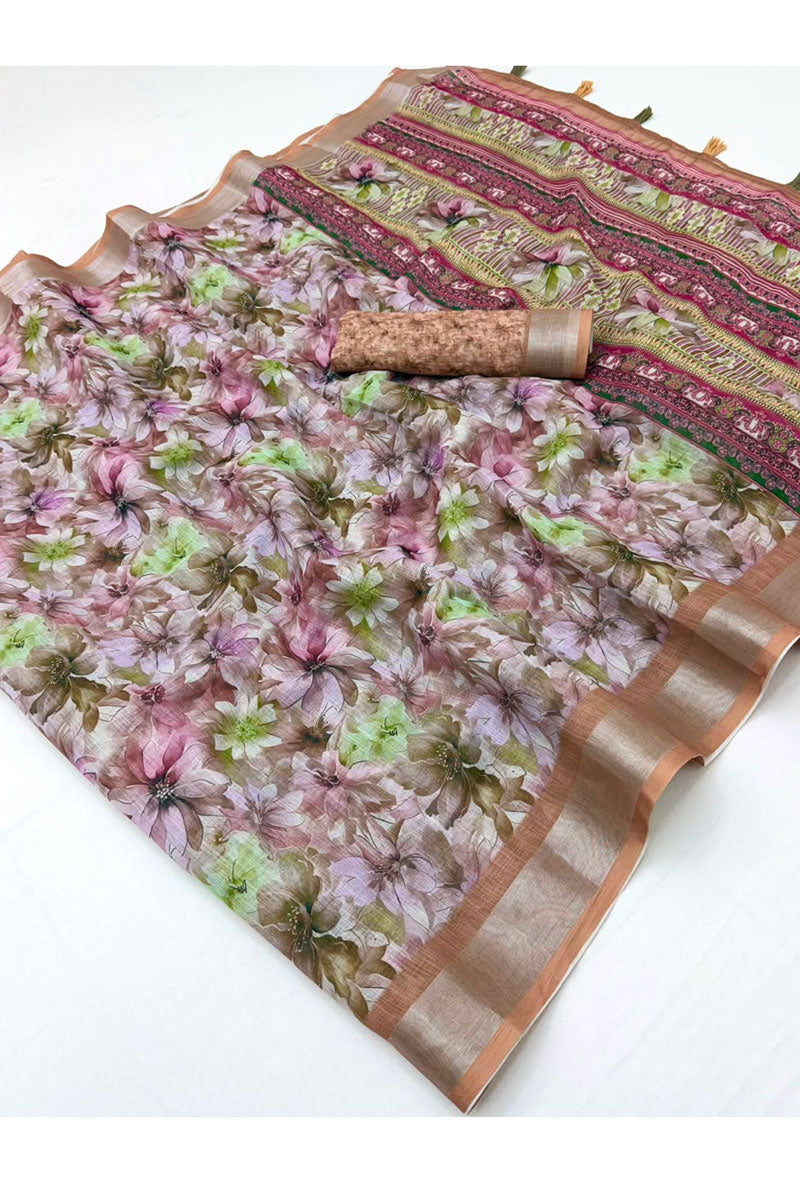 Linen Floral Digital Printed Saree In Peach Color