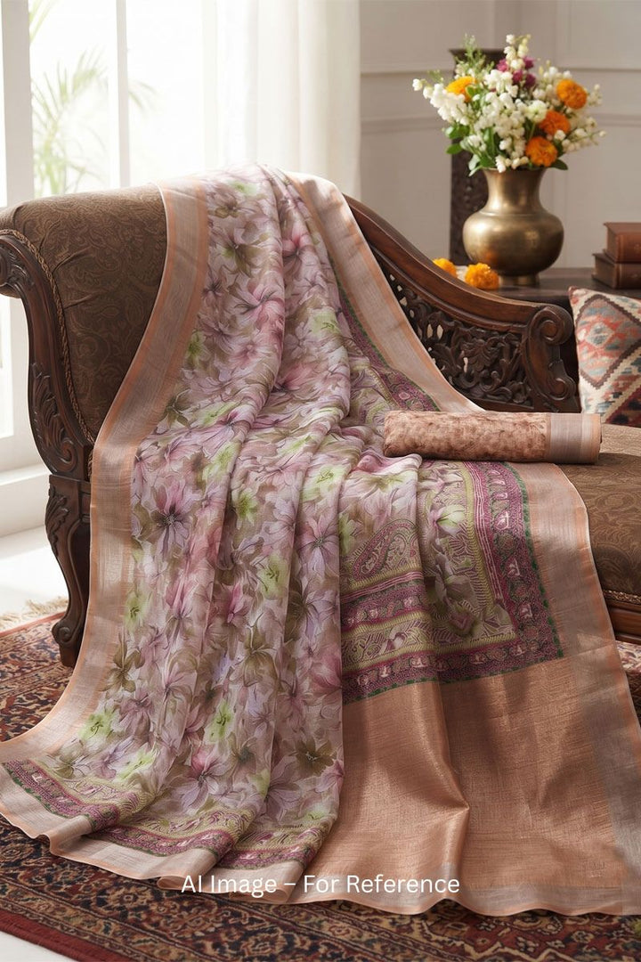 Linen Floral Digital Printed Saree In Peach Color