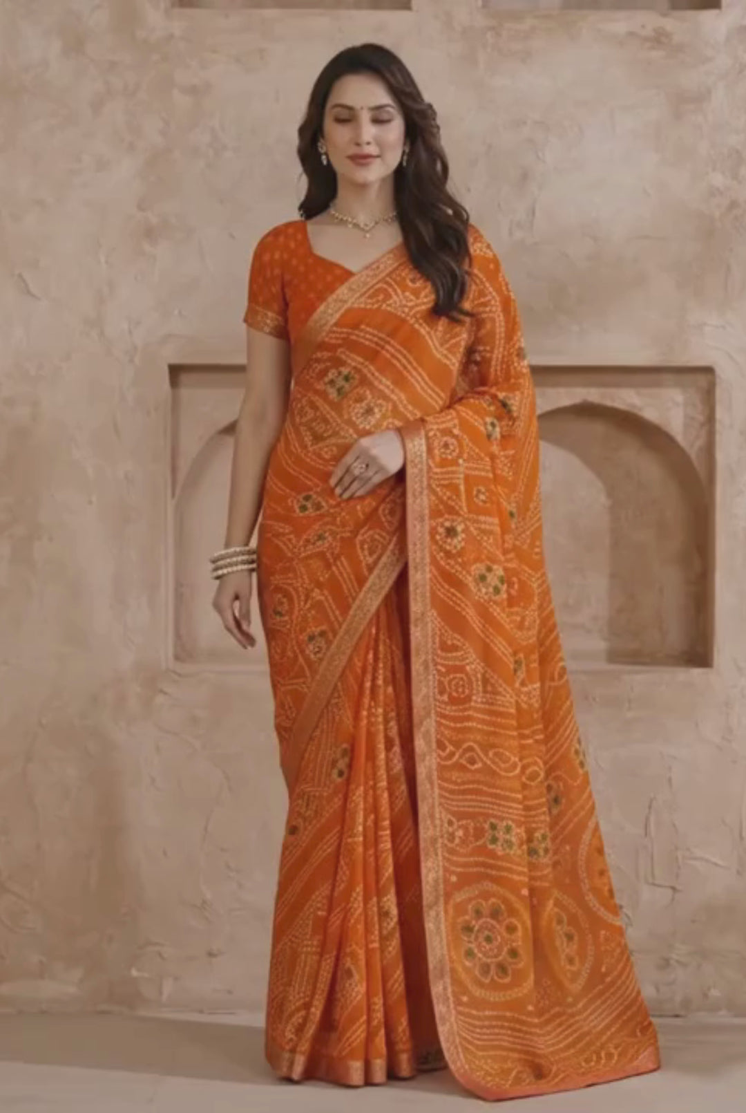 Chiffon Fabric Orange Color Bandhani Printed Saree