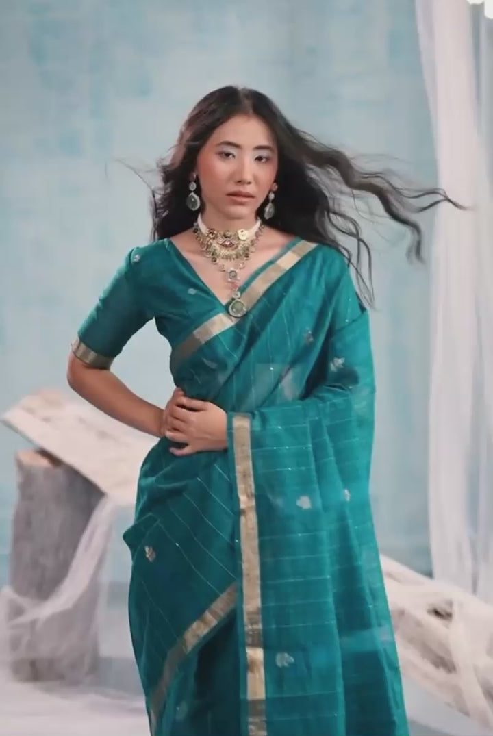 Teal Gorgeous Weaving Border with Organza Pallu Saree