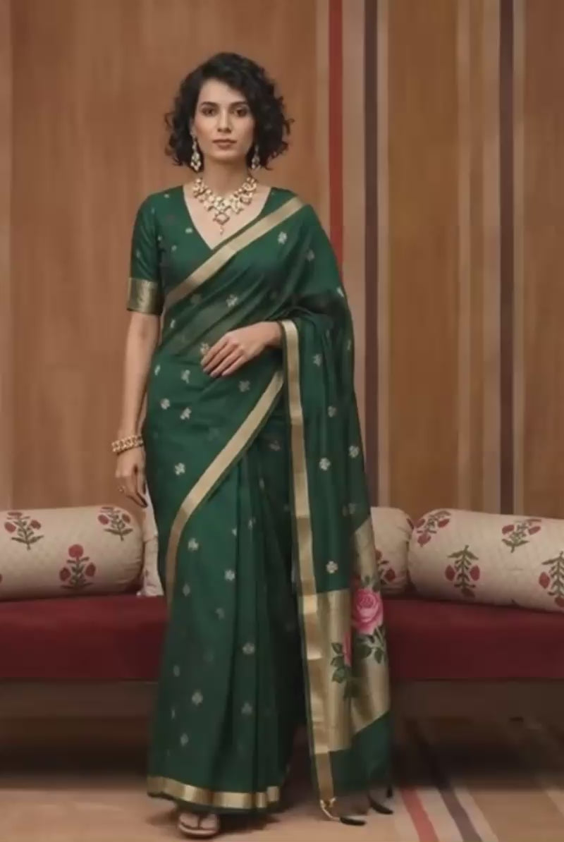Green Color Chic Cotton Handloom Weaving Saree