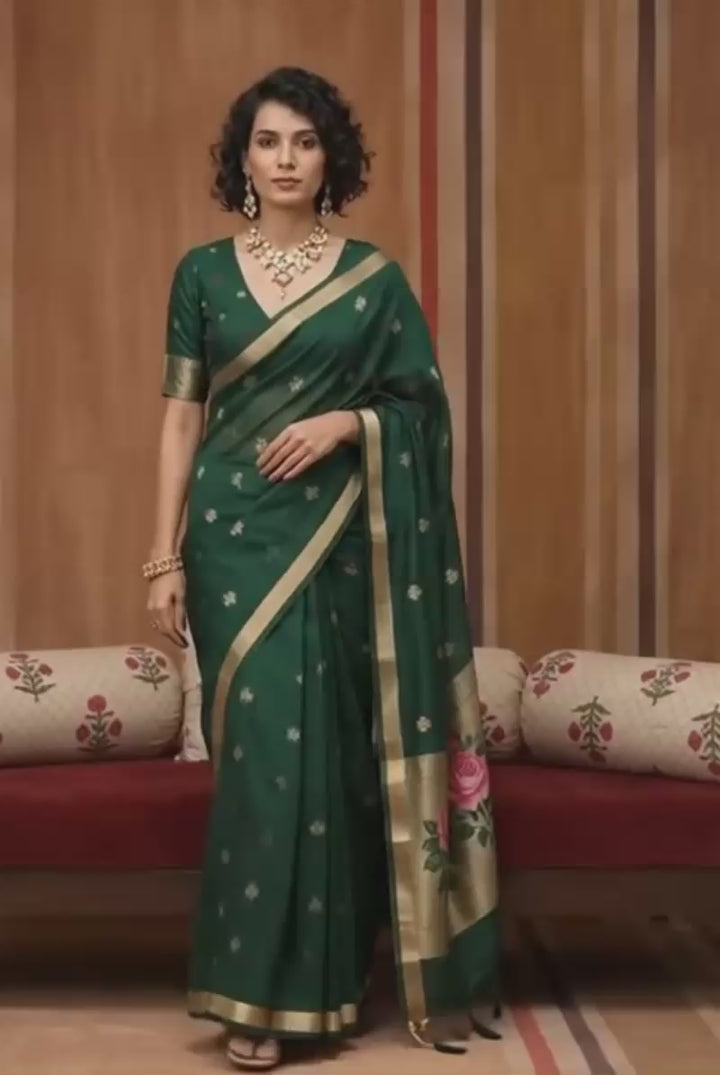 Green Color Chic Cotton Handloom Weaving Saree