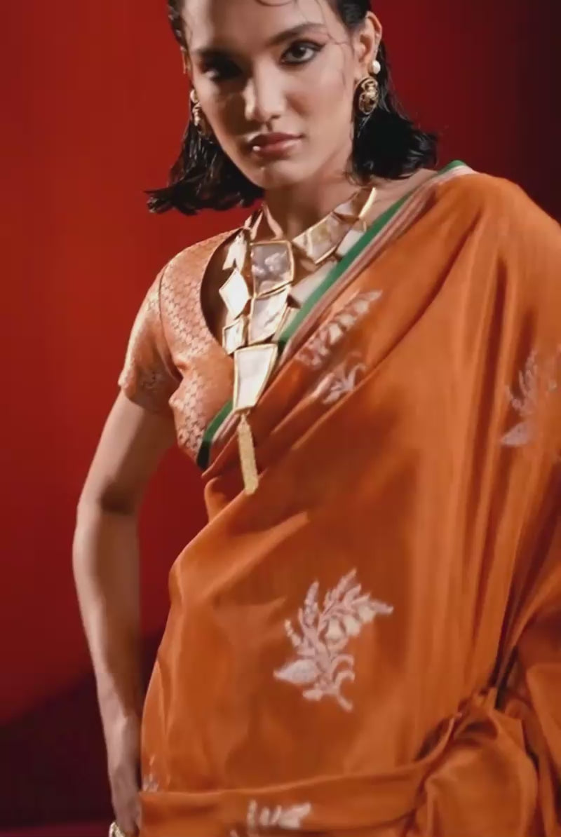 Orange Satin Linen Handloom Weaving Work Saree