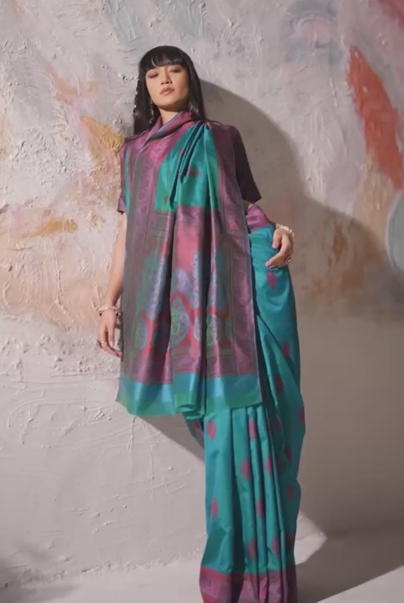 Kanjivaram Style Silk Weaving Saree In Teal Color