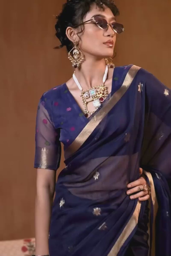 Blue Color Gorgeous Cotton Handloom Weaving Saree