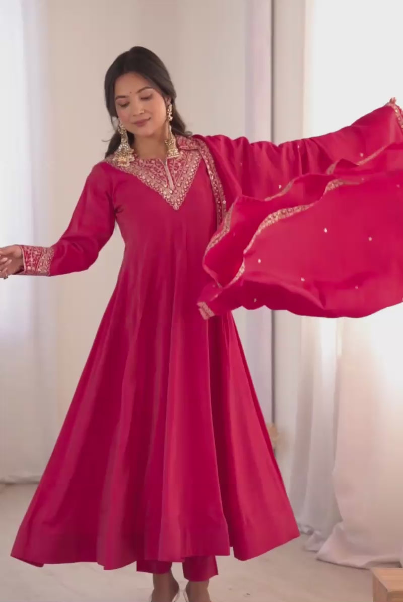 Fancy Fabric Pink Color Glamorous Readymade Anarkali Suit