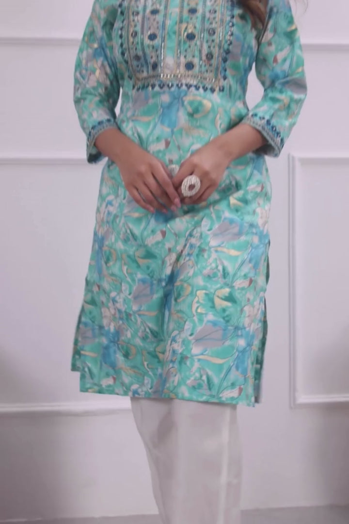 Sober Chanderi Fabric Cyan Color Kurti