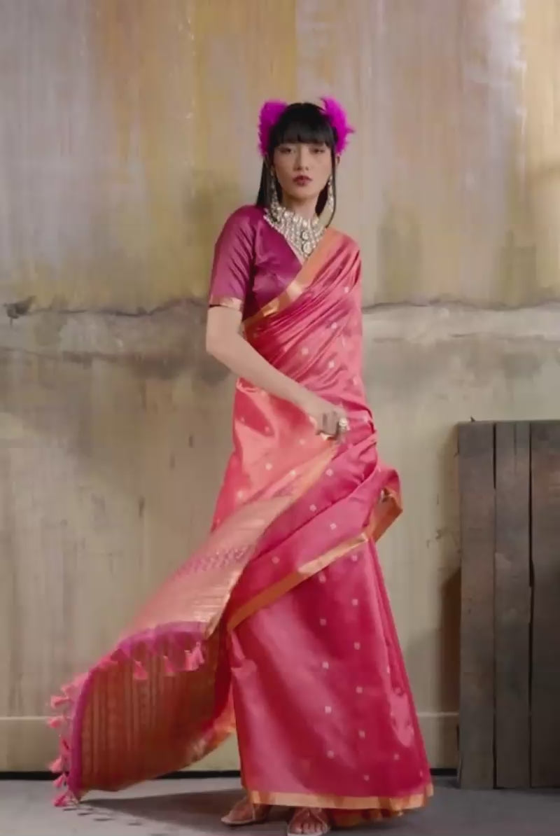 Pink Handloom Weaving Tussar Silk Saree