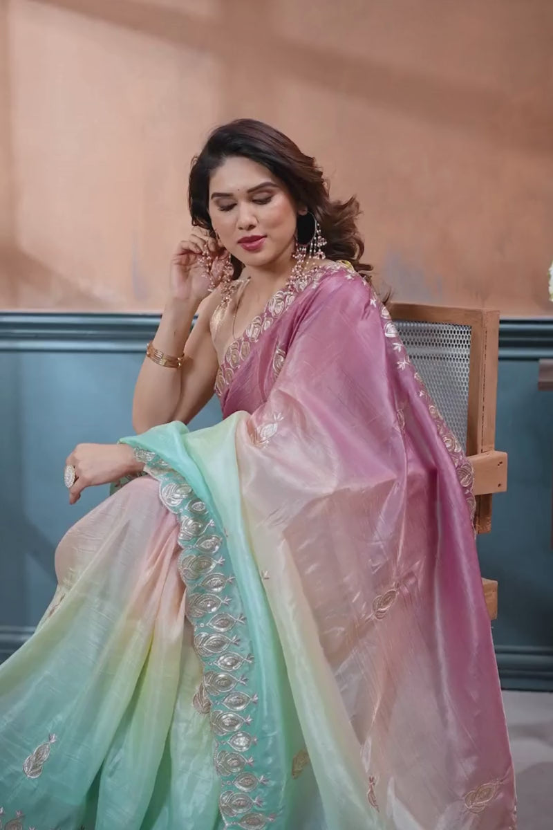 Embroidered Work Multi Color Stylish Look Crush Silk Saree