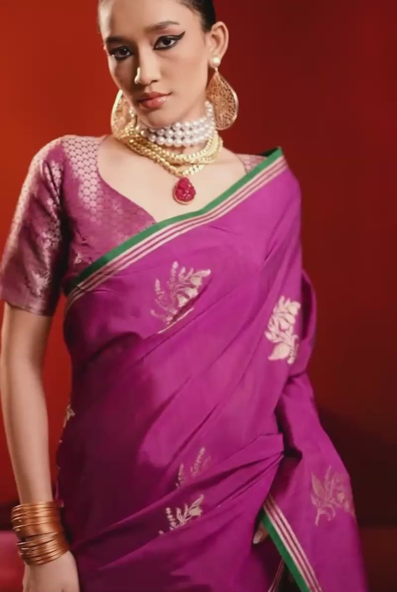 Purple Satin Linen Handloom Weaving Work Saree