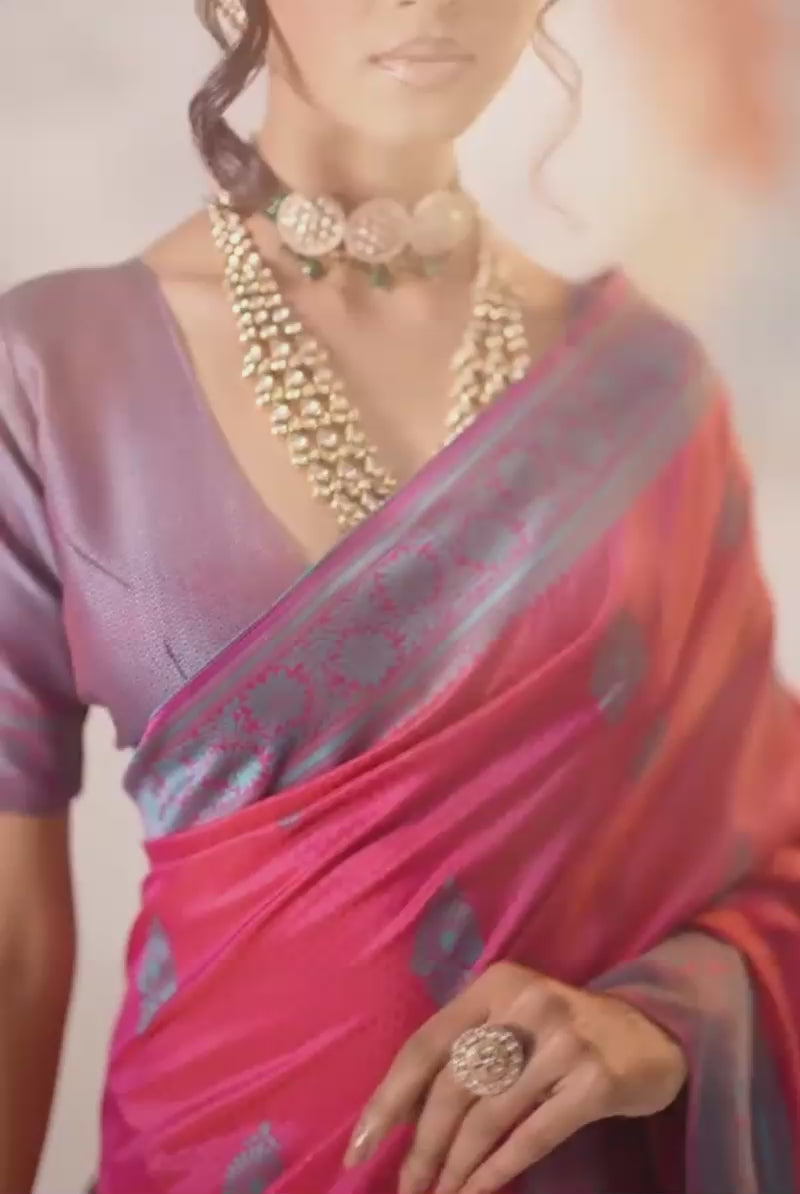 Function Wear Kanjivaram Style Silk Weaving Saree In Rani Color