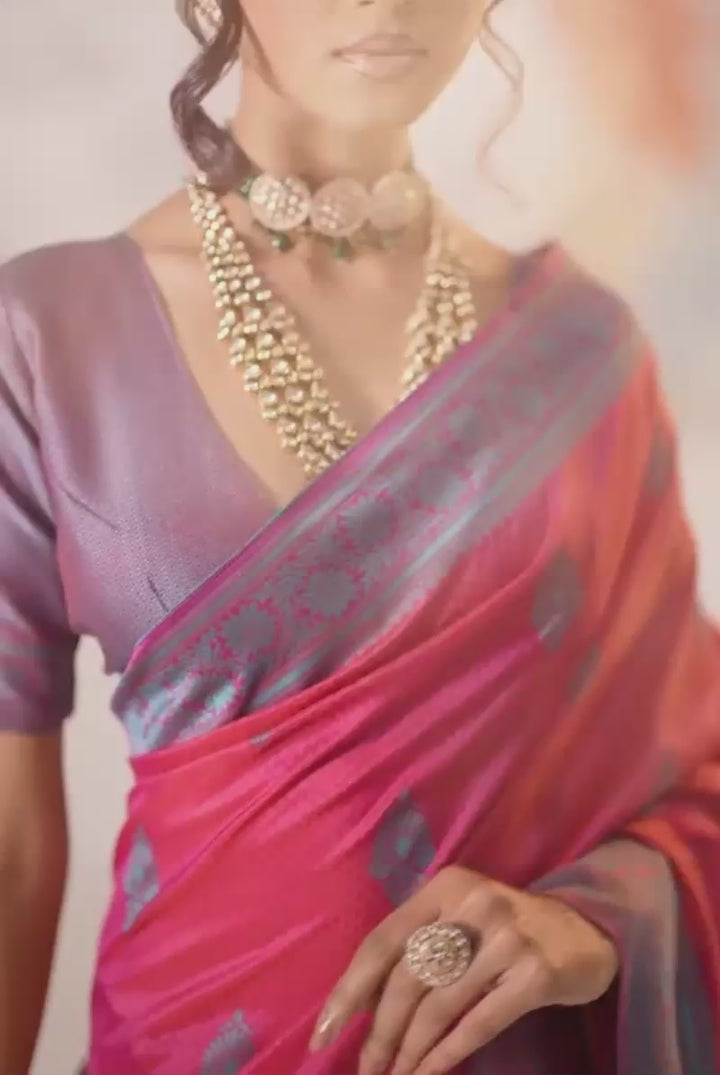 Function Wear Kanjivaram Style Silk Weaving Saree In Rani Color