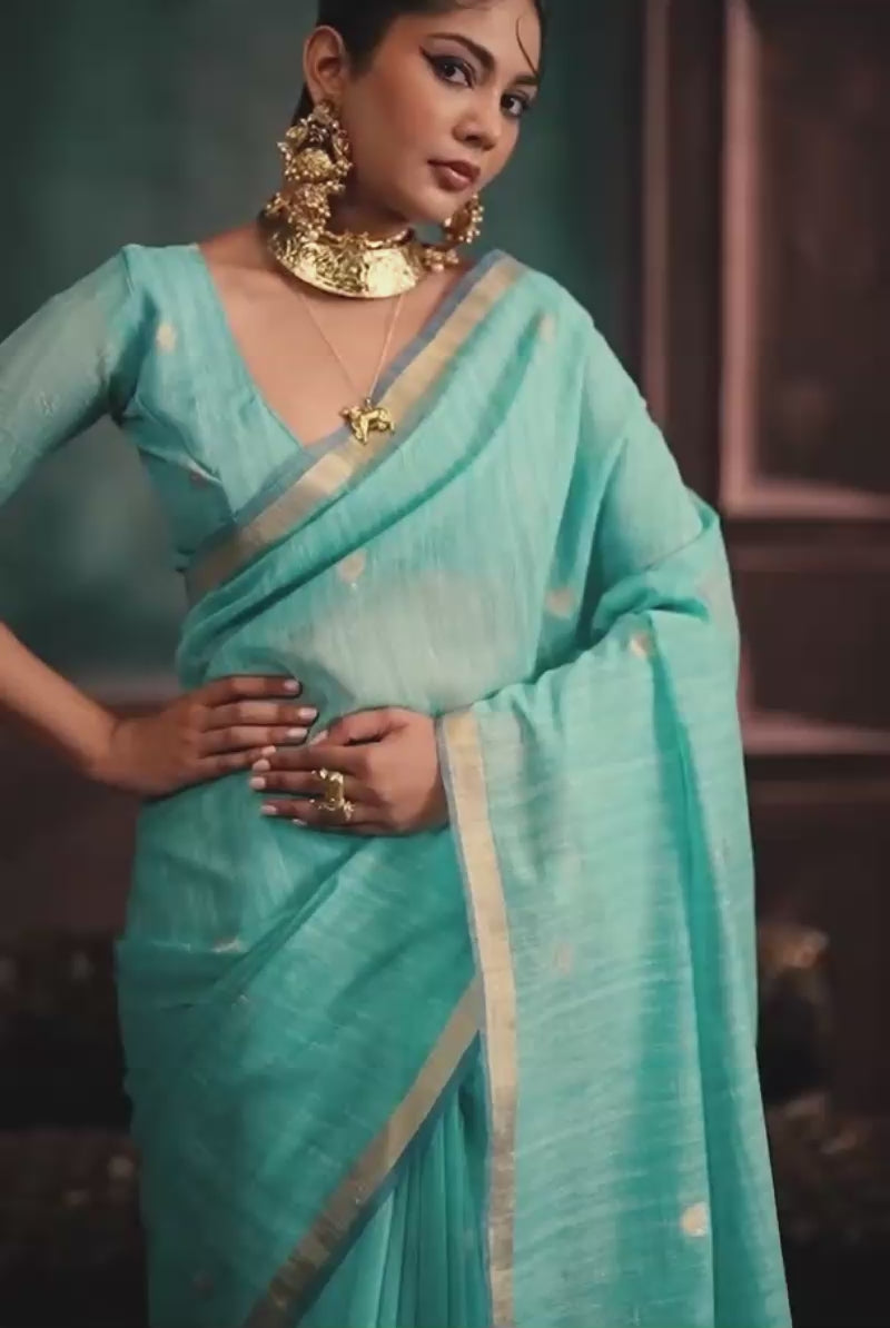 Cyan Color Munga Silk Handloom Weaving Saree
