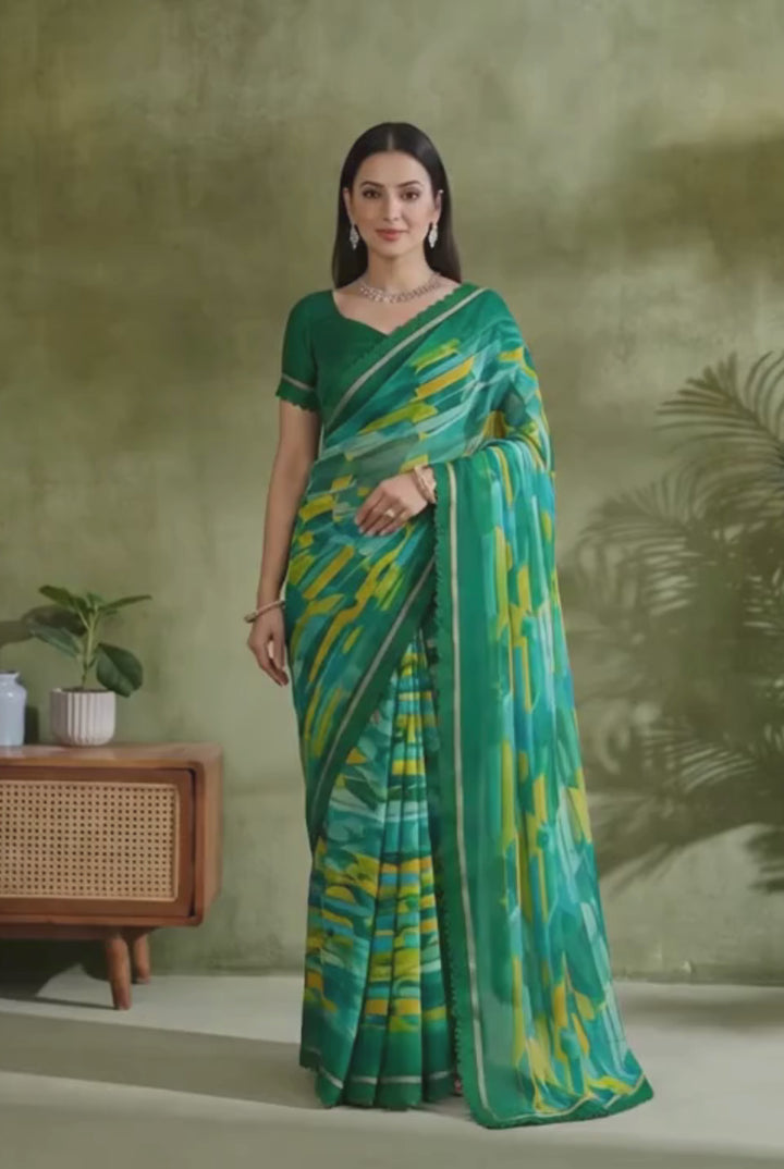 Solid Chiffon Fabric Printed Saree In Green Color