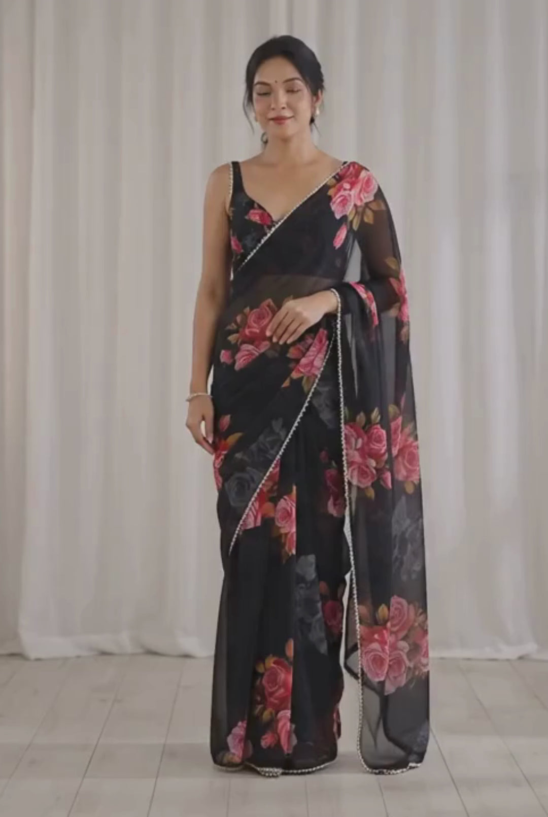 Digital Printed Soothing Georgette Saree In Black Color