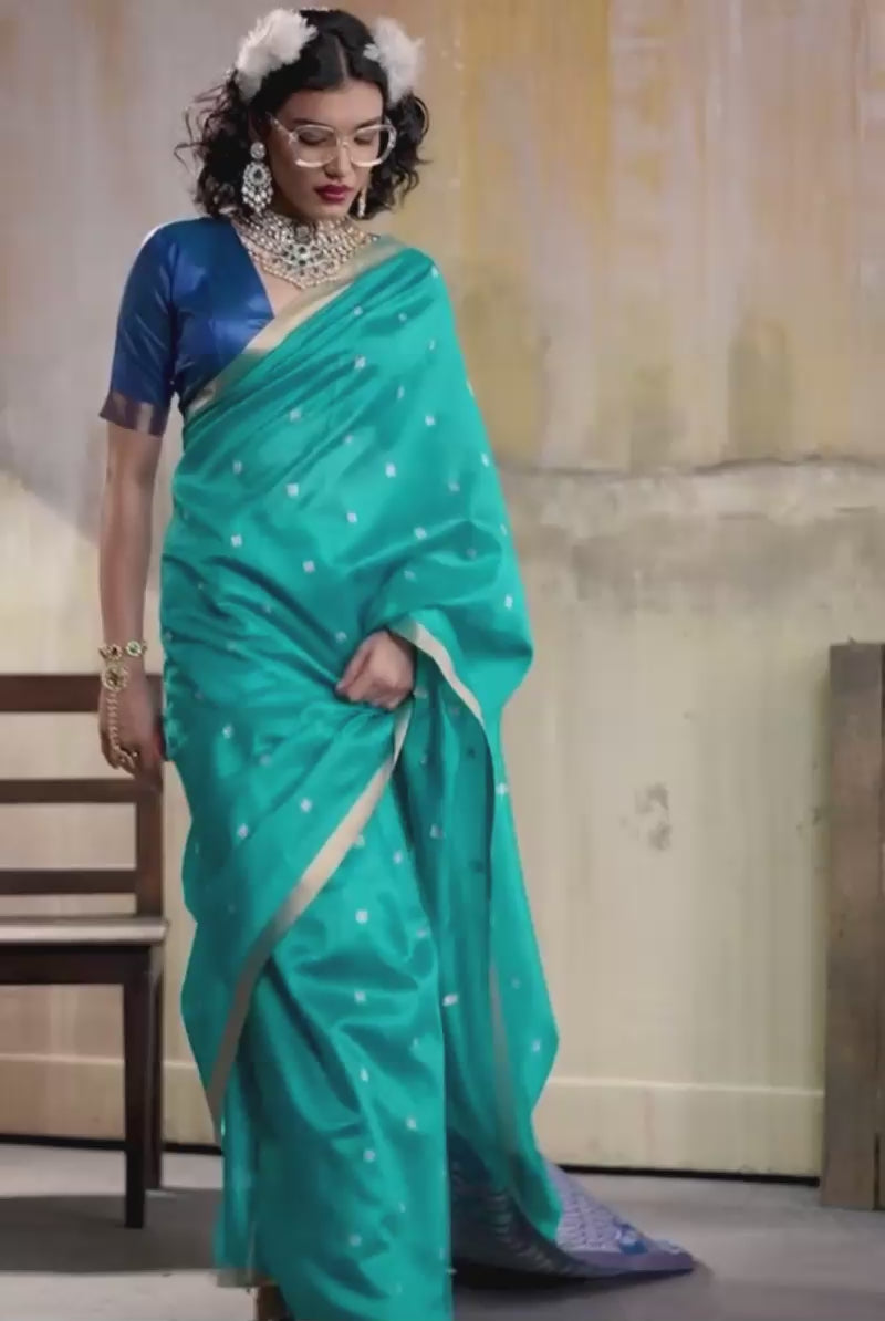 Handloom Weaving Tussar Silk Saree In Cyan Color