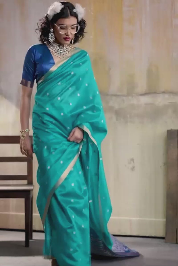 Handloom Weaving Tussar Silk Saree In Cyan Color