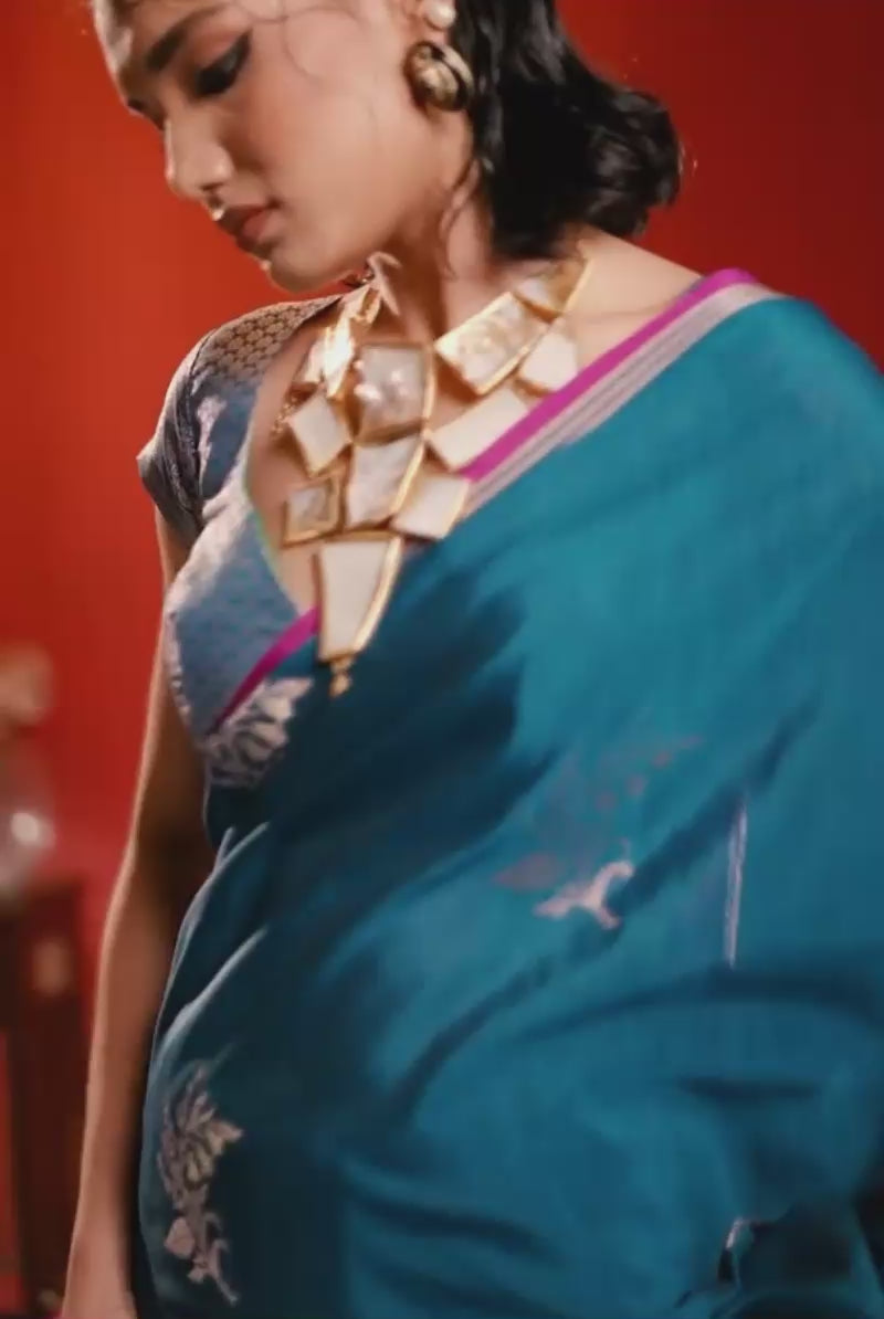 Cyan Color Satin Linen Fancy Handloom Weaving Work Saree