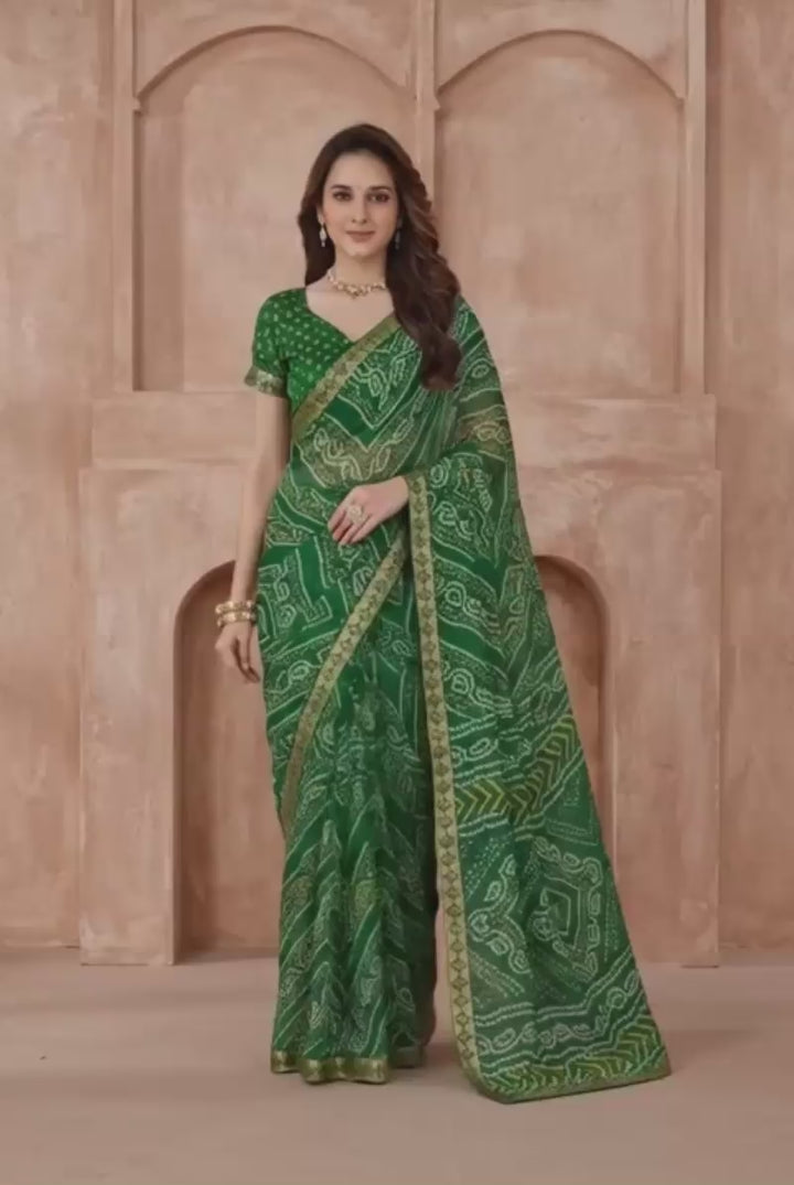 Green Color Bandhani Printed Chiffon Fabric Saree