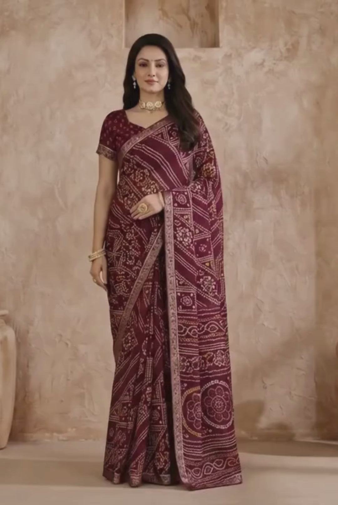 Maroon Color Bandhani Printed Chiffon Fabric Saree