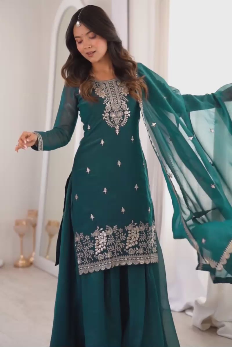 Teal Color Art Silk Fabric Beautiful Readymade Palazzo Suit