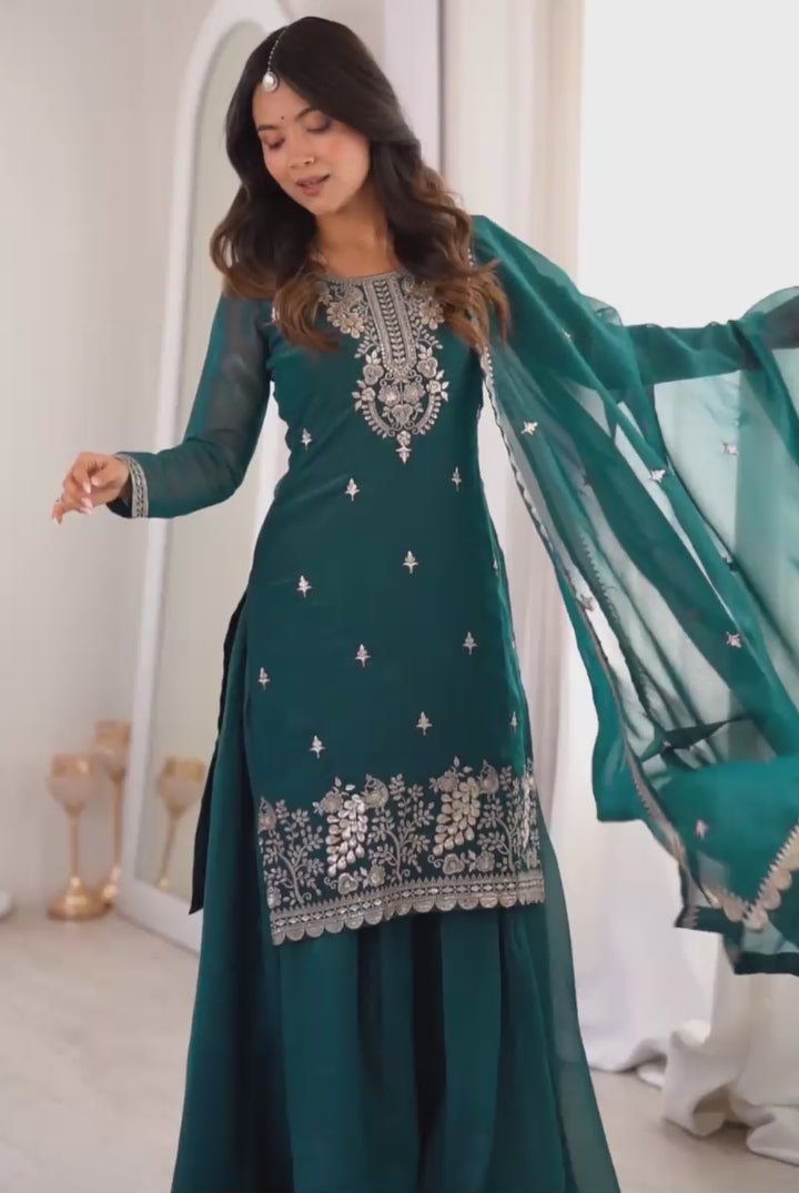 Teal Color Art Silk Fabric Beautiful Readymade Palazzo Suit