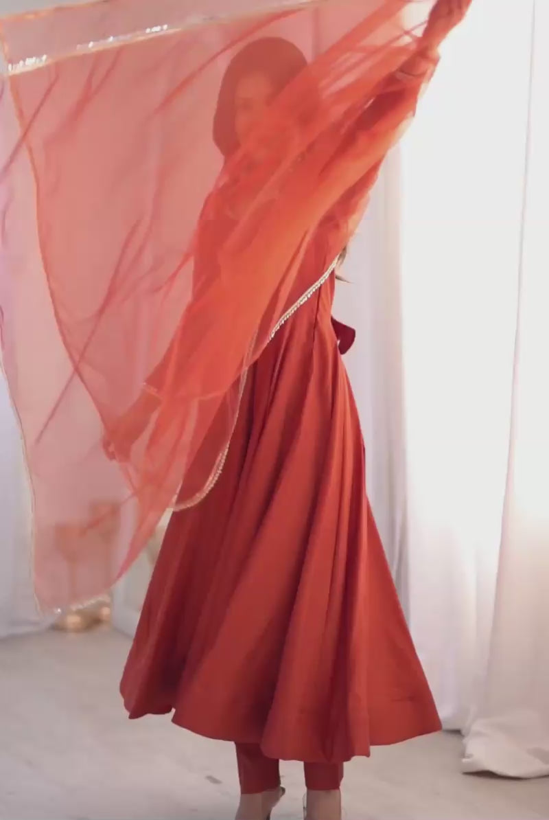 Orange Color Art Silk Fabric Beautiful Readymade Anarkali Suit