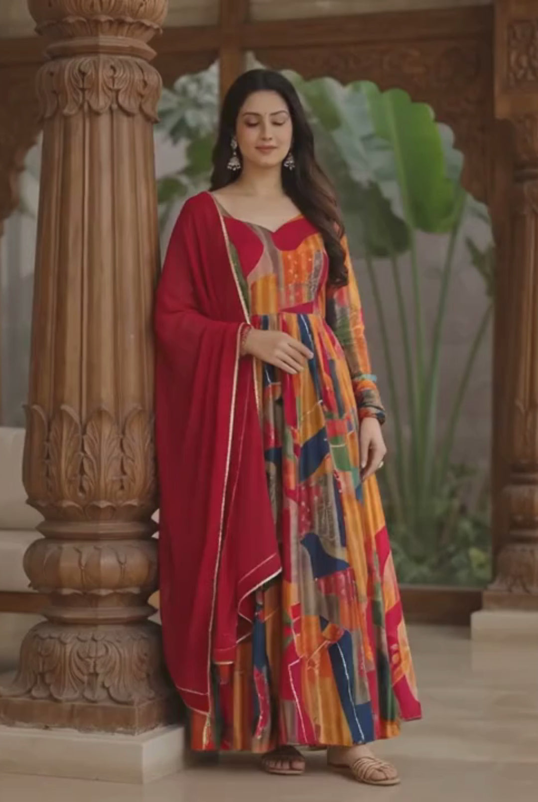 Red Color Glamorous Readymade Royon Gown With Dupatta