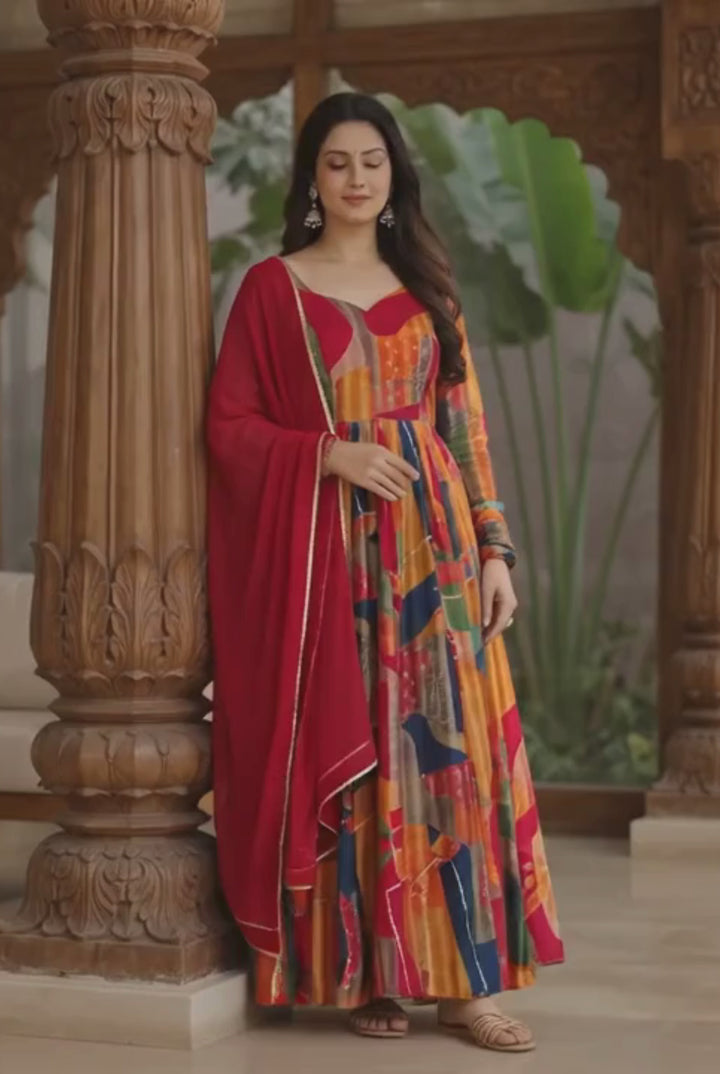 Red Color Glamorous Readymade Royon Gown With Dupatta
