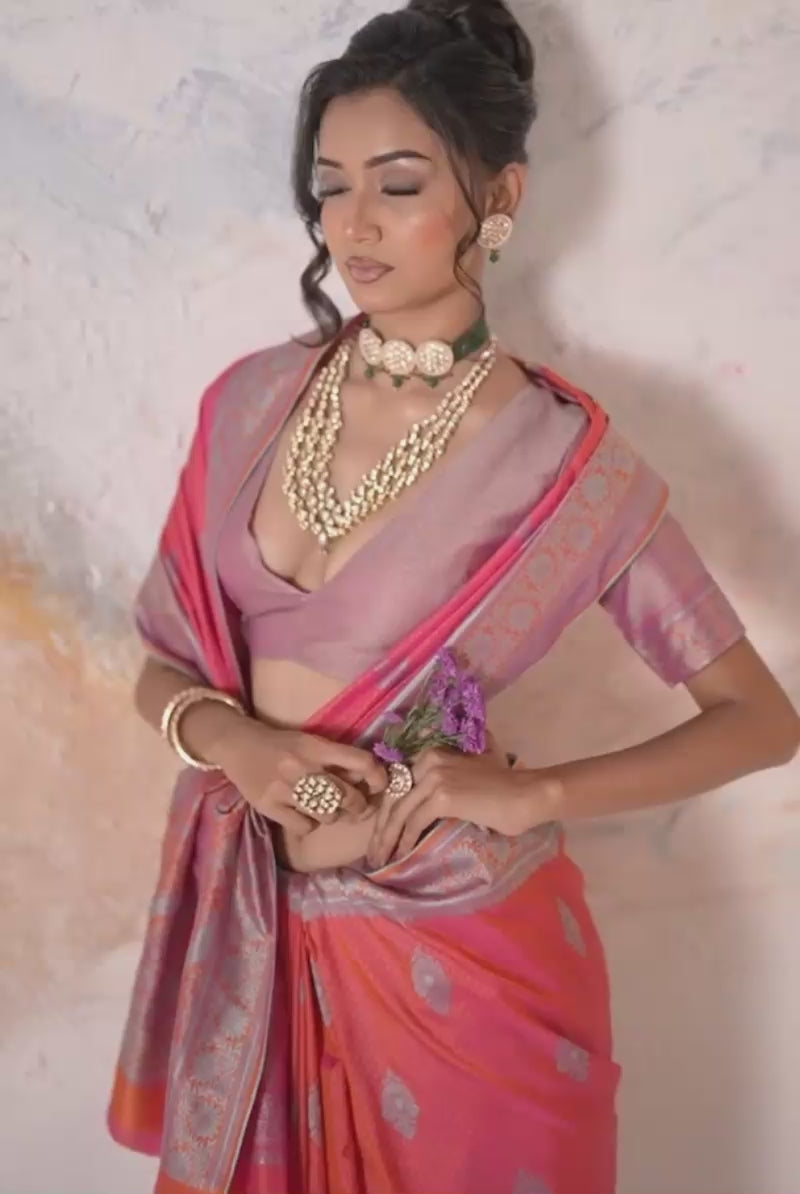 Kanjivaram Style Silk Weaving Saree In Pink Color