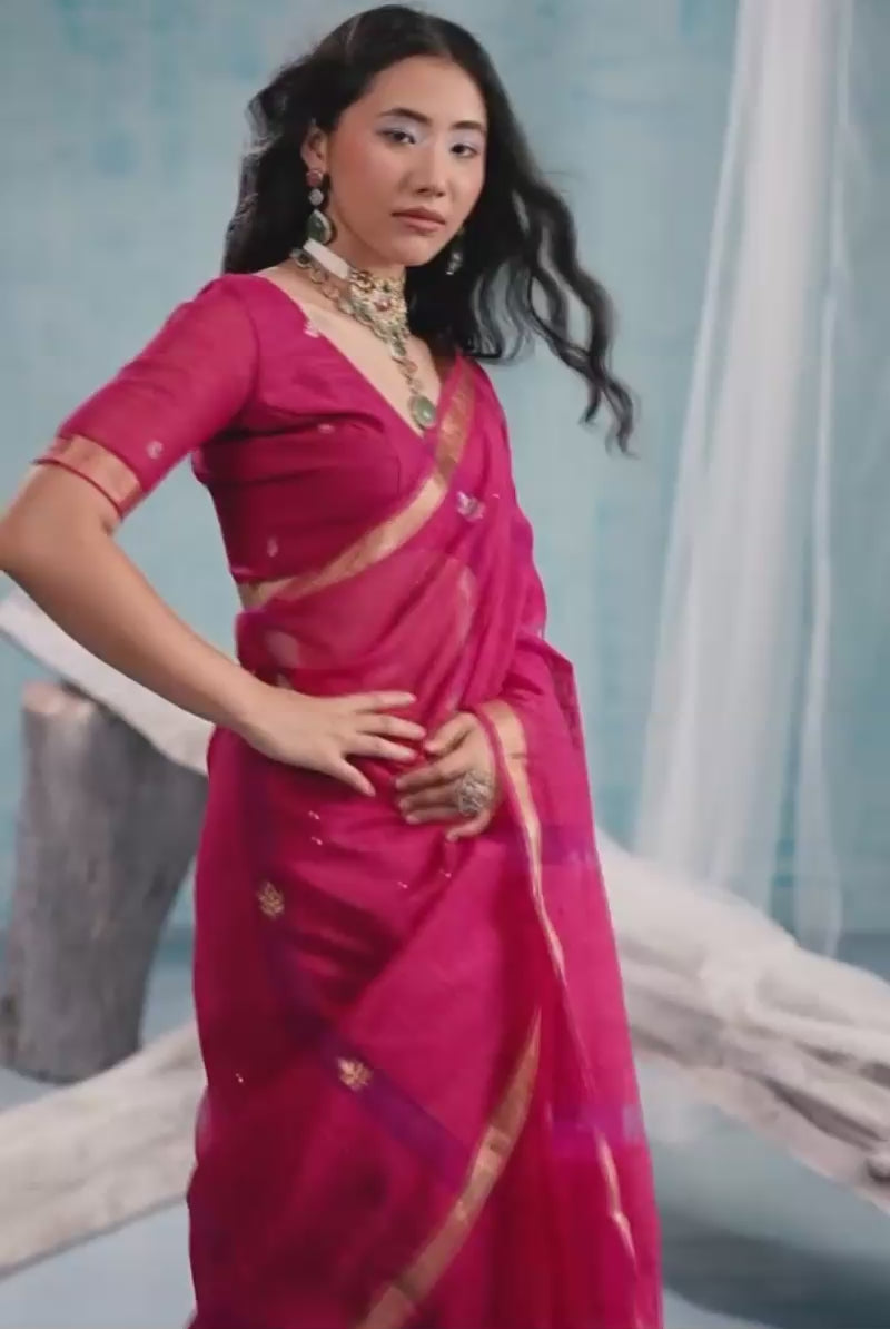 Glamorous Weaving Border with Organza Pallu Pink Saree